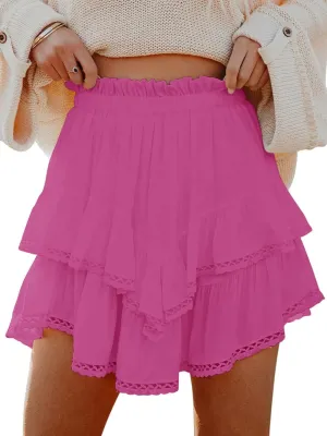 Flowy Shorts for Women Casual Boho Ruffle Tiered Skorts High Waist Mini Skirts Golf Tennis Butterfly Crochet Shorts - All Hot Pink XL