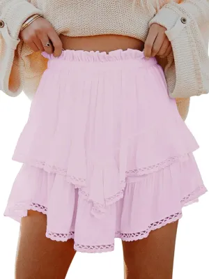 Flowy Shorts for Women Casual Boho Ruffle Tiered Skorts High Waist Mini Skirts Golf Tennis Butterfly Crochet Shorts - All Sakura Pink XL