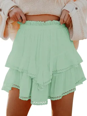 Flowy Shorts for Women Casual Boho Ruffle Tiered Skorts High Waist Mini Skirts Golf Tennis Butterfly Crochet Shorts - Light Green XS