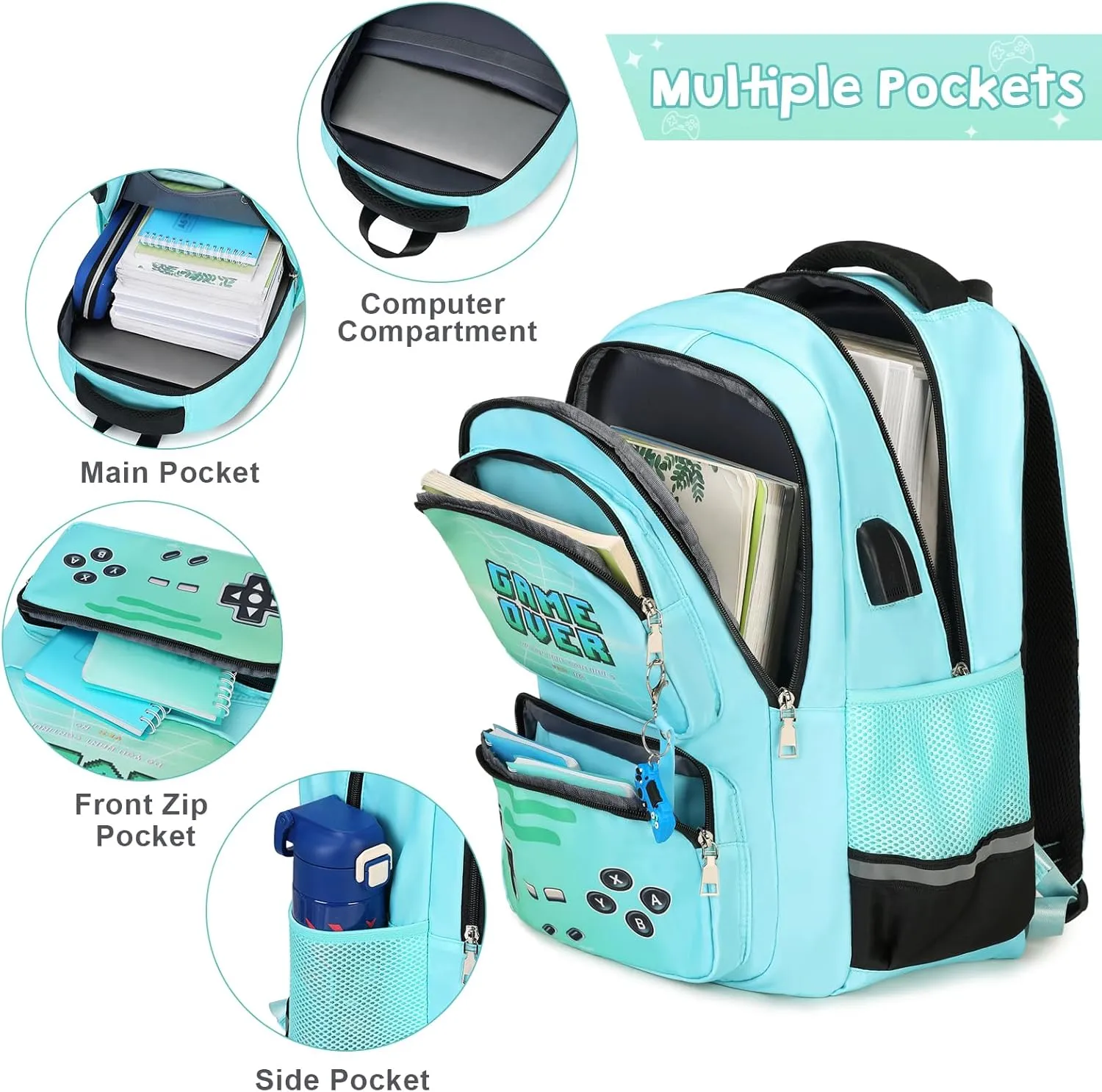 Gamer Backpack for Boys - Cool Luminous School Backpack for Boys with Lunch Bag Pencil Case - Kids Boys Backpack