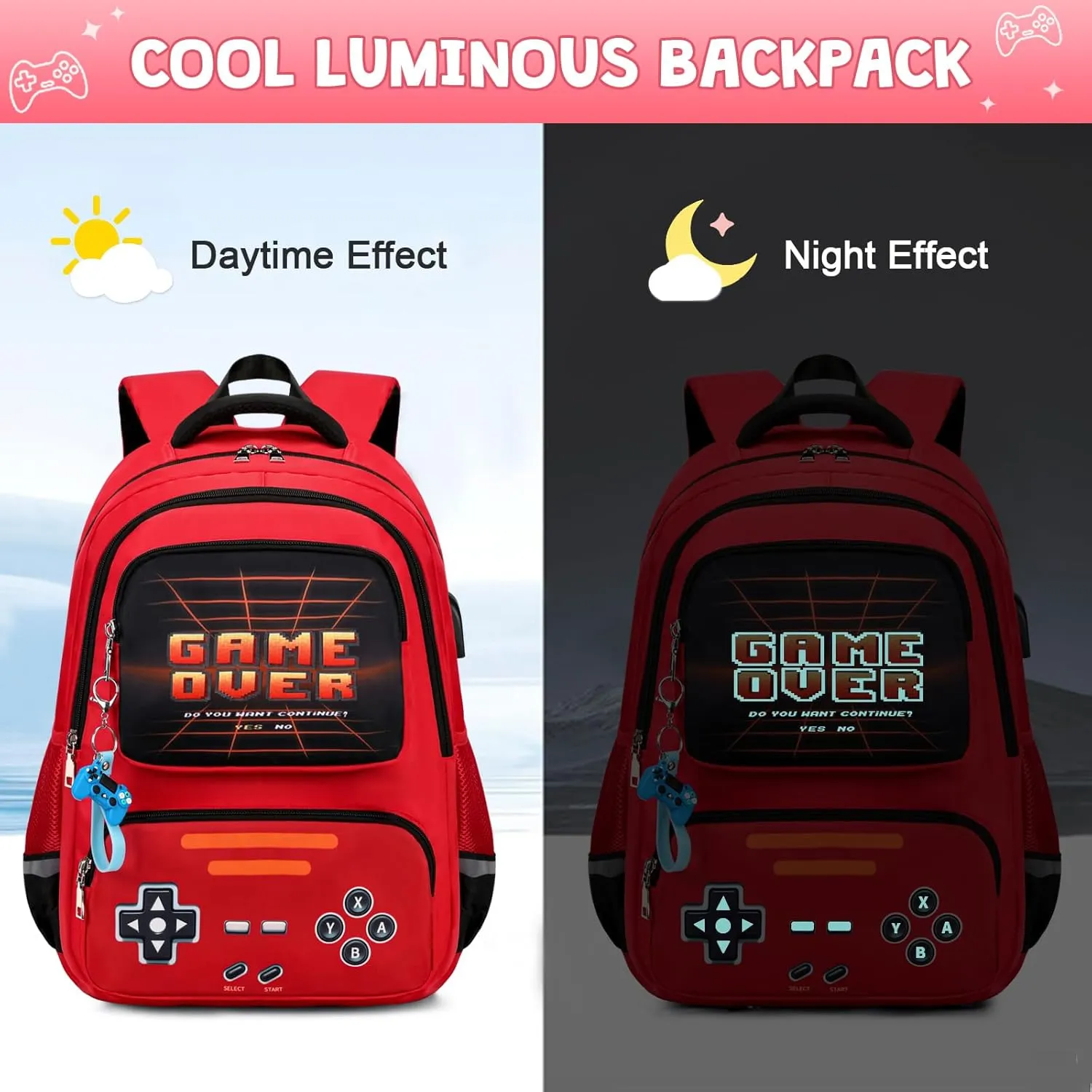 Gamer Backpack for Boys - Cool Luminous School Backpack for Boys with Lunch Bag Pencil Case - Kids Boys Backpack