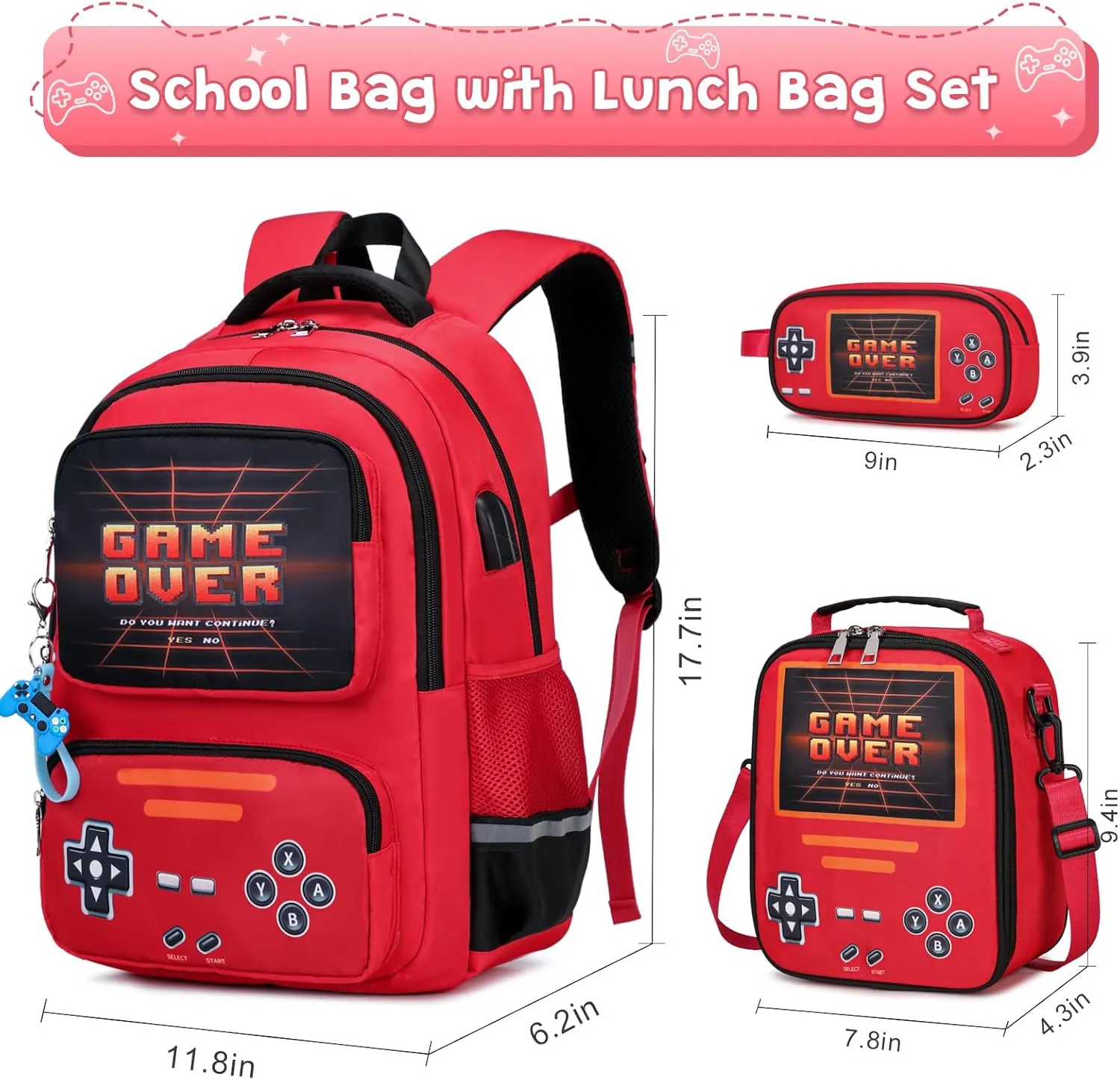 Gamer Backpack for Boys - Cool Luminous School Backpack for Boys with Lunch Bag Pencil Case - Kids Boys Backpack