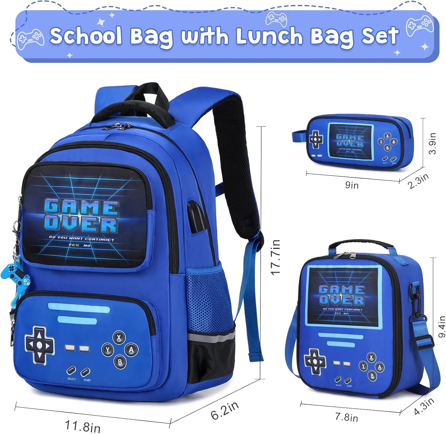 Gamer Backpack for Boys - Cool Luminous School Backpack for Boys with Lunch Bag Pencil Case - Kids Boys Backpack
