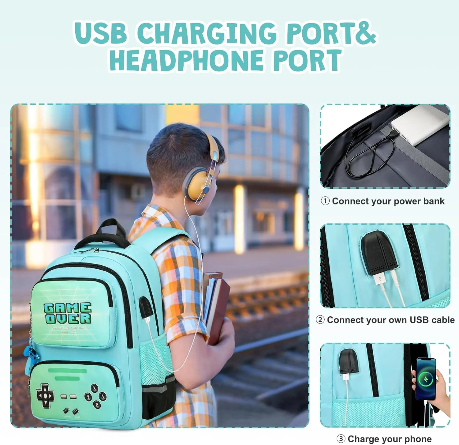 Gamer Backpack for Boys - Cool Luminous School Backpack for Boys with Lunch Bag Pencil Case - Kids Boys Backpack