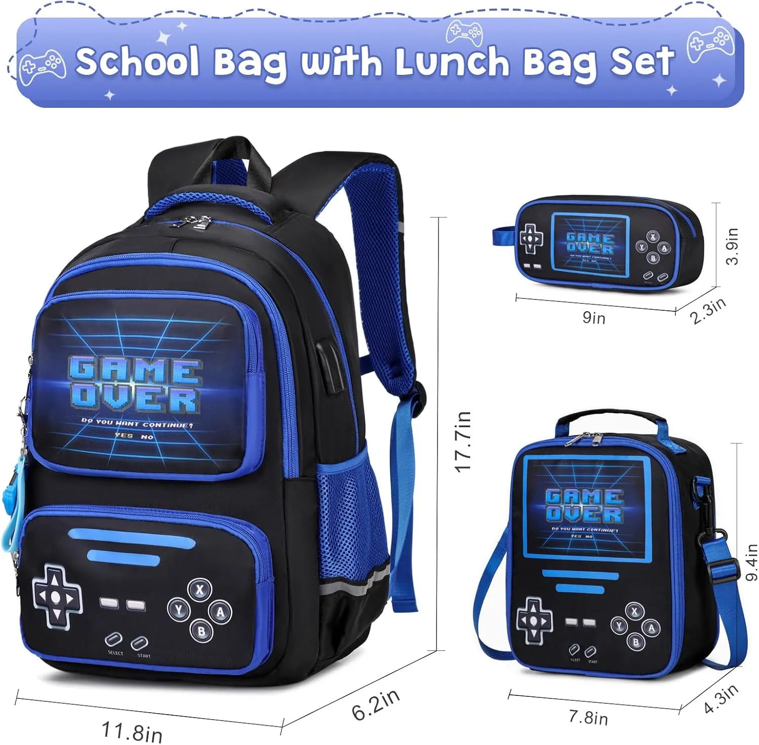 Gamer Backpack for Boys - Cool Luminous School Backpack for Boys with Lunch Bag Pencil Case - Kids Boys Backpack