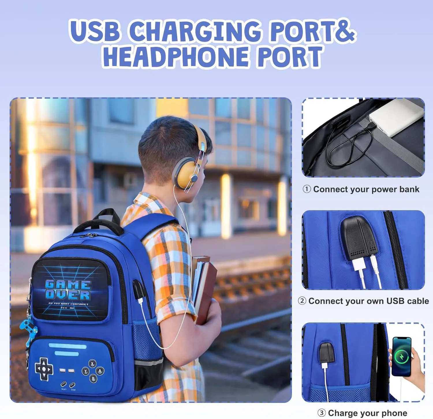 Gamer Backpack for Boys - Cool Luminous School Backpack for Boys with Lunch Bag Pencil Case - Kids Boys Backpack