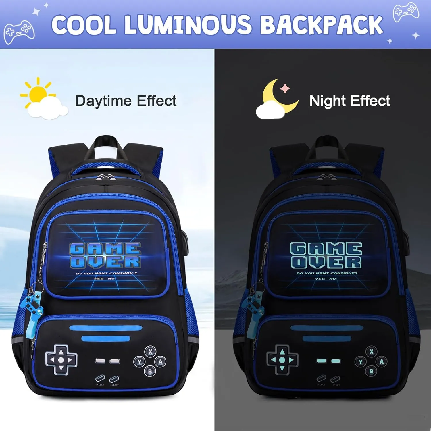 Gamer Backpack for Boys - Cool Luminous School Backpack for Boys with Lunch Bag Pencil Case - Kids Boys Backpack
