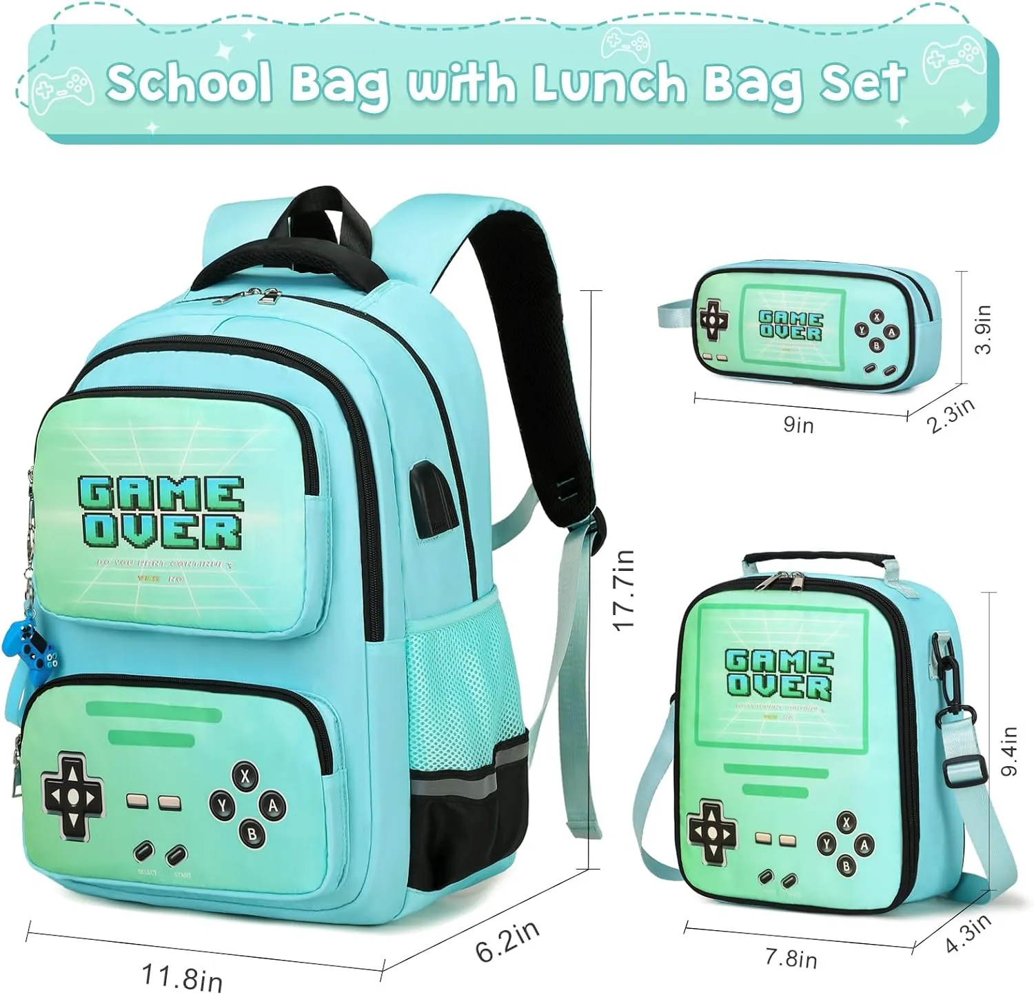 Gamer Backpack for Boys - Cool Luminous School Backpack for Boys with Lunch Bag Pencil Case - Kids Boys Backpack