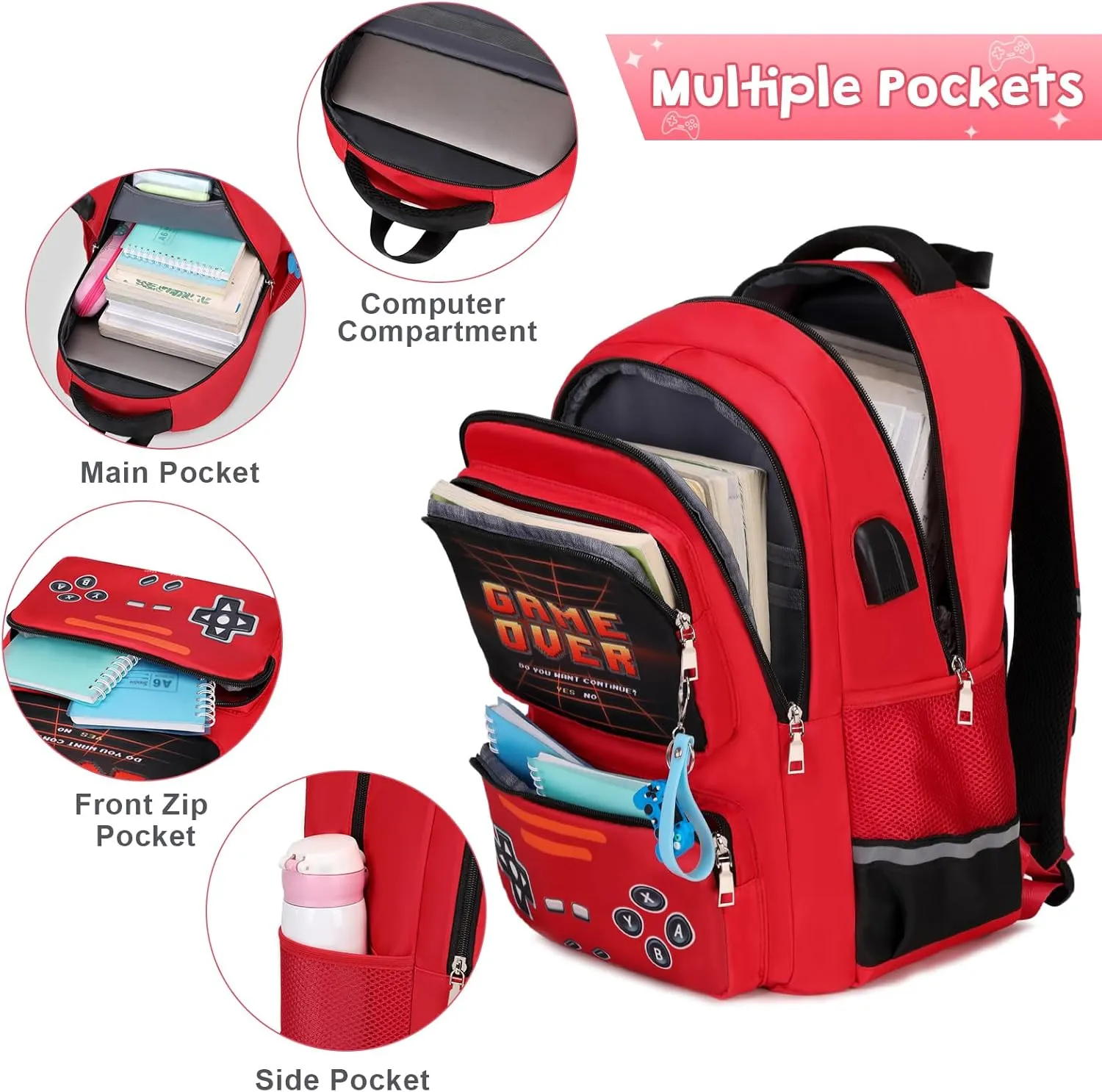 Gamer Backpack for Boys - Cool Luminous School Backpack for Boys with Lunch Bag Pencil Case - Kids Boys Backpack