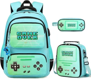 Gamer Backpack for Boys - Cool Luminous School Backpack for Boys with Lunch Bag Pencil Case - Kids Boys Backpack