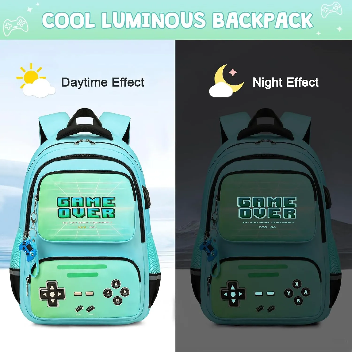 Gamer Backpack for Boys - Cool Luminous School Backpack for Boys with Lunch Bag Pencil Case - Kids Boys Backpack