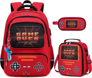 Gamer Backpack for Boys - Cool Luminous School Backpack for Boys with Lunch Bag Pencil Case - Kids Boys Backpack