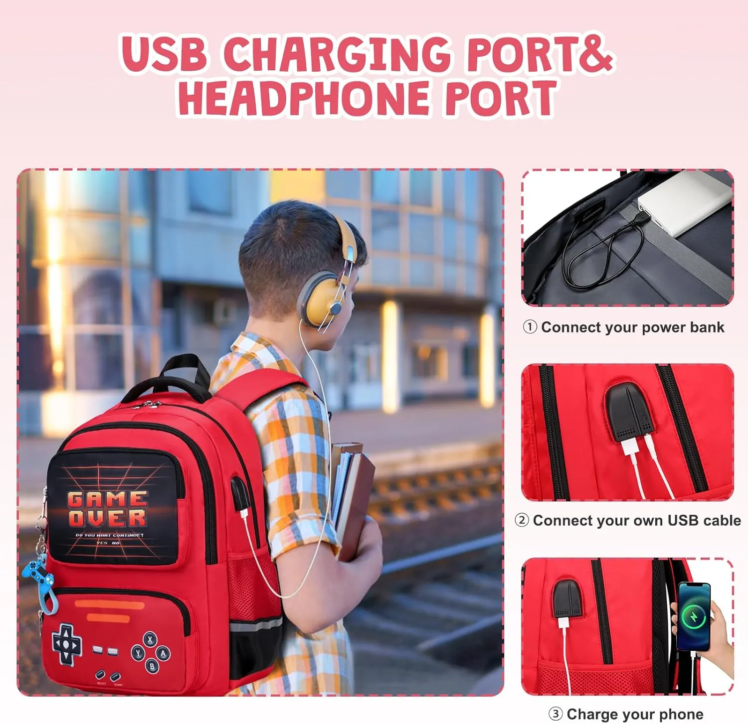 Gamer Backpack for Boys - Cool Luminous School Backpack for Boys with Lunch Bag Pencil Case - Kids Boys Backpack