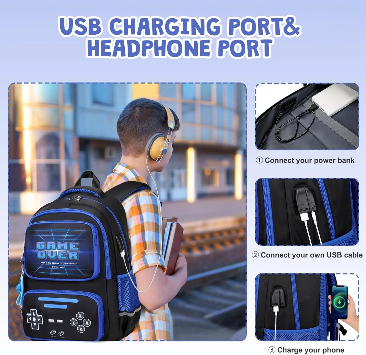Gamer Backpack for Boys - Cool Luminous School Backpack for Boys with Lunch Bag Pencil Case - Kids Boys Backpack