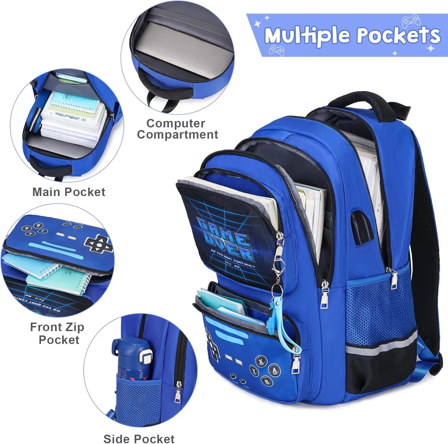 Gamer Backpack for Boys - Cool Luminous School Backpack for Boys with Lunch Bag Pencil Case - Kids Boys Backpack