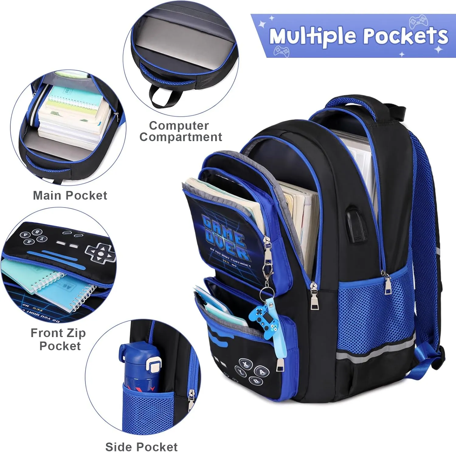 Gamer Backpack for Boys - Cool Luminous School Backpack for Boys with Lunch Bag Pencil Case - Kids Boys Backpack