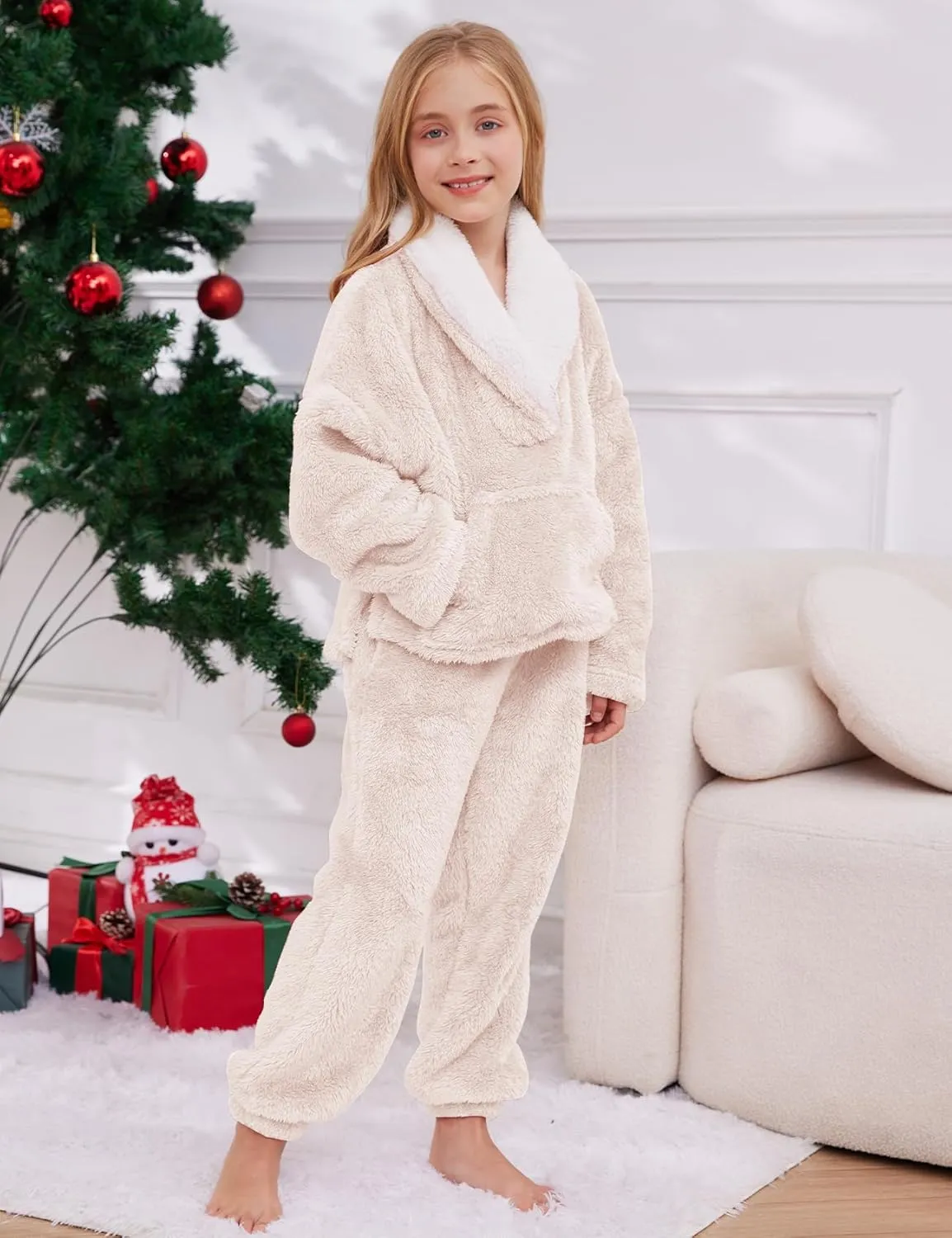 Gihuo Girls Fleece Pants Sets Fuzzy 2 Piece Outfits Lapel Collar Pullover Sweatshirt Set Sweatsuit 5-12Y