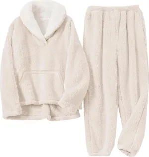 Gihuo Girls Fleece Pants Sets Fuzzy 2 Piece Outfits Lapel Collar Pullover Sweatshirt Set Sweatsuit 5-12Y
