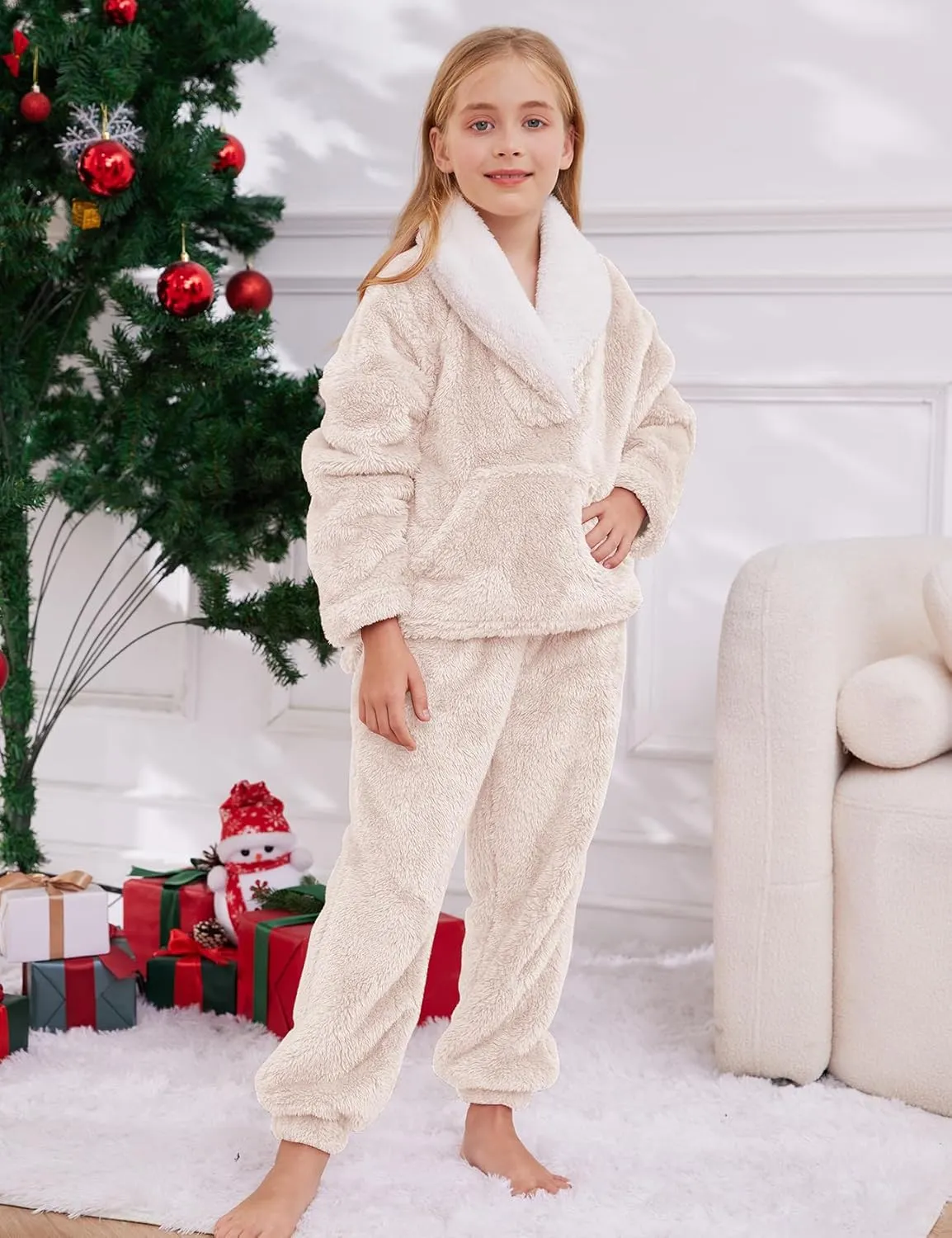 Gihuo Girls Fleece Pants Sets Fuzzy 2 Piece Outfits Lapel Collar Pullover Sweatshirt Set Sweatsuit 5-12Y