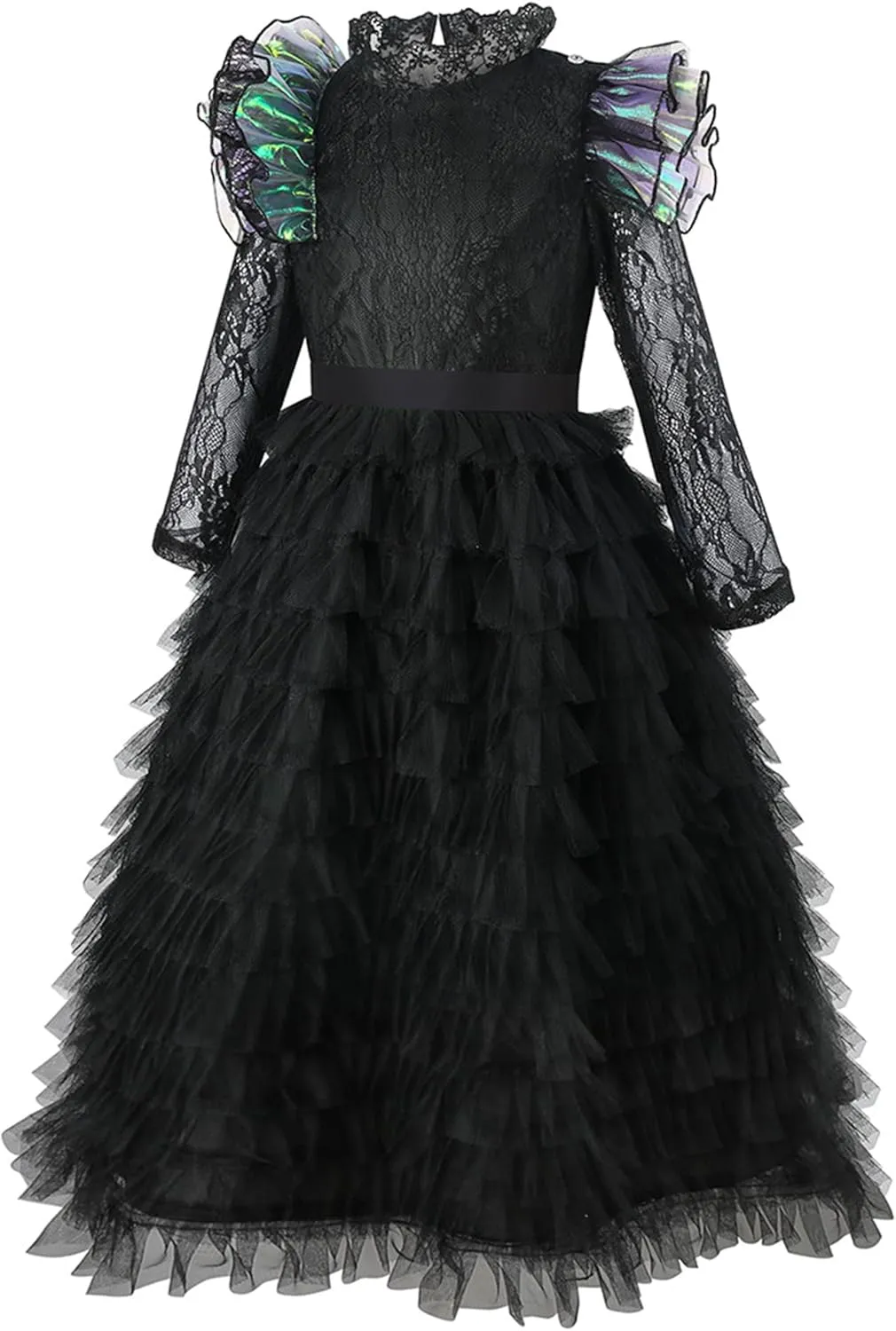 Girls Elphaba Black Witch Cosplay Dress with Hat Cute Lace Trim Long Sleeve Tulle Dresses Outfits with Gloves and Socks