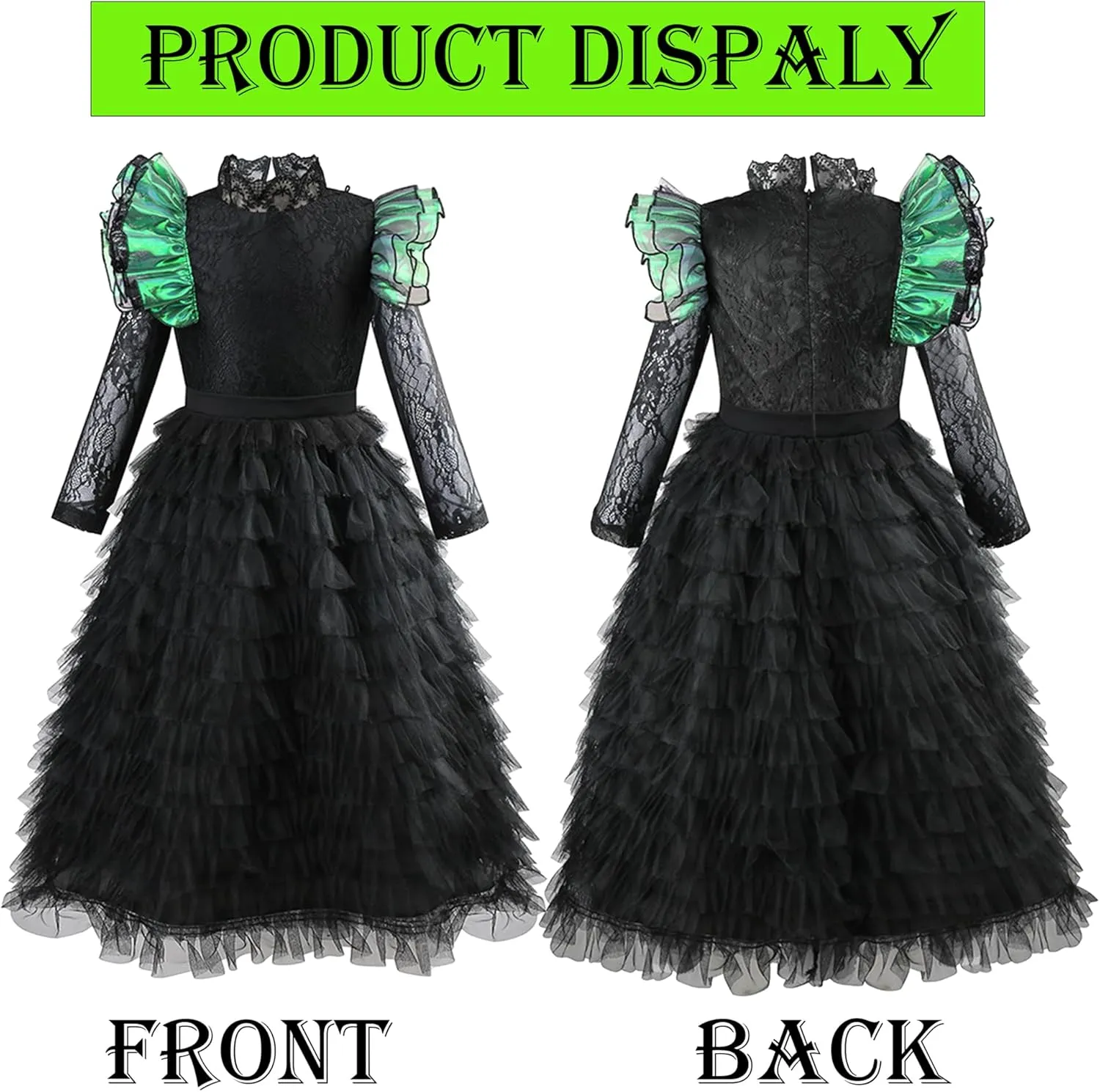 Girls Elphaba Black Witch Cosplay Dress with Hat Cute Lace Trim Long Sleeve Tulle Dresses Outfits with Gloves and Socks