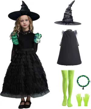 Girls Elphaba Black Witch Cosplay Dress with Hat Cute Lace Trim Long Sleeve Tulle Dresses Outfits with Gloves and Socks