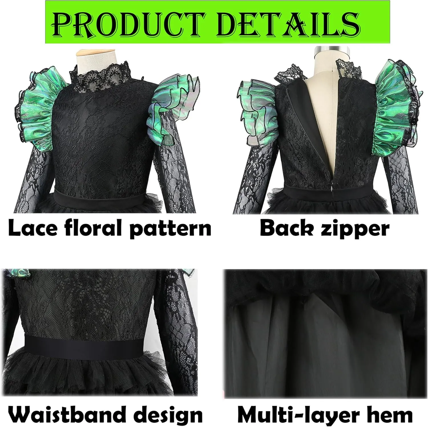 Girls Elphaba Black Witch Cosplay Dress with Hat Cute Lace Trim Long Sleeve Tulle Dresses Outfits with Gloves and Socks