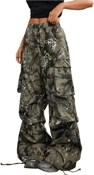 GORGLITTER Women's Camo Baggy Cargo Pants High Waisted Y2K Wide Leg Parachute Pants
