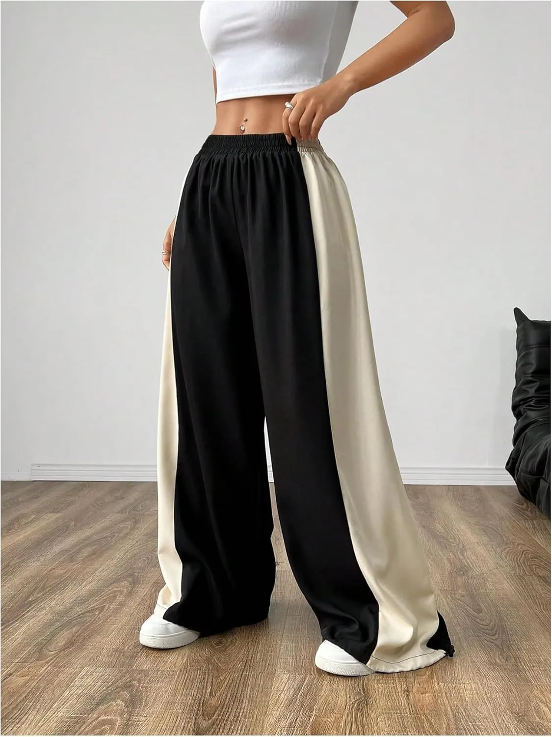 GORGLITTER Women's Color Block Sweatpants Baggy Y2k Elastic Waist Wide Leg Loose Track Pants Joggers Rave Bottoms