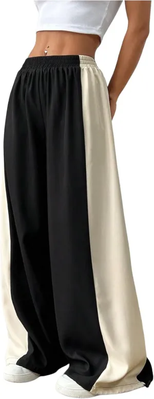 GORGLITTER Women's Color Block Sweatpants Baggy Y2k Elastic Waist Wide Leg Loose Track Pants Joggers Rave Bottoms