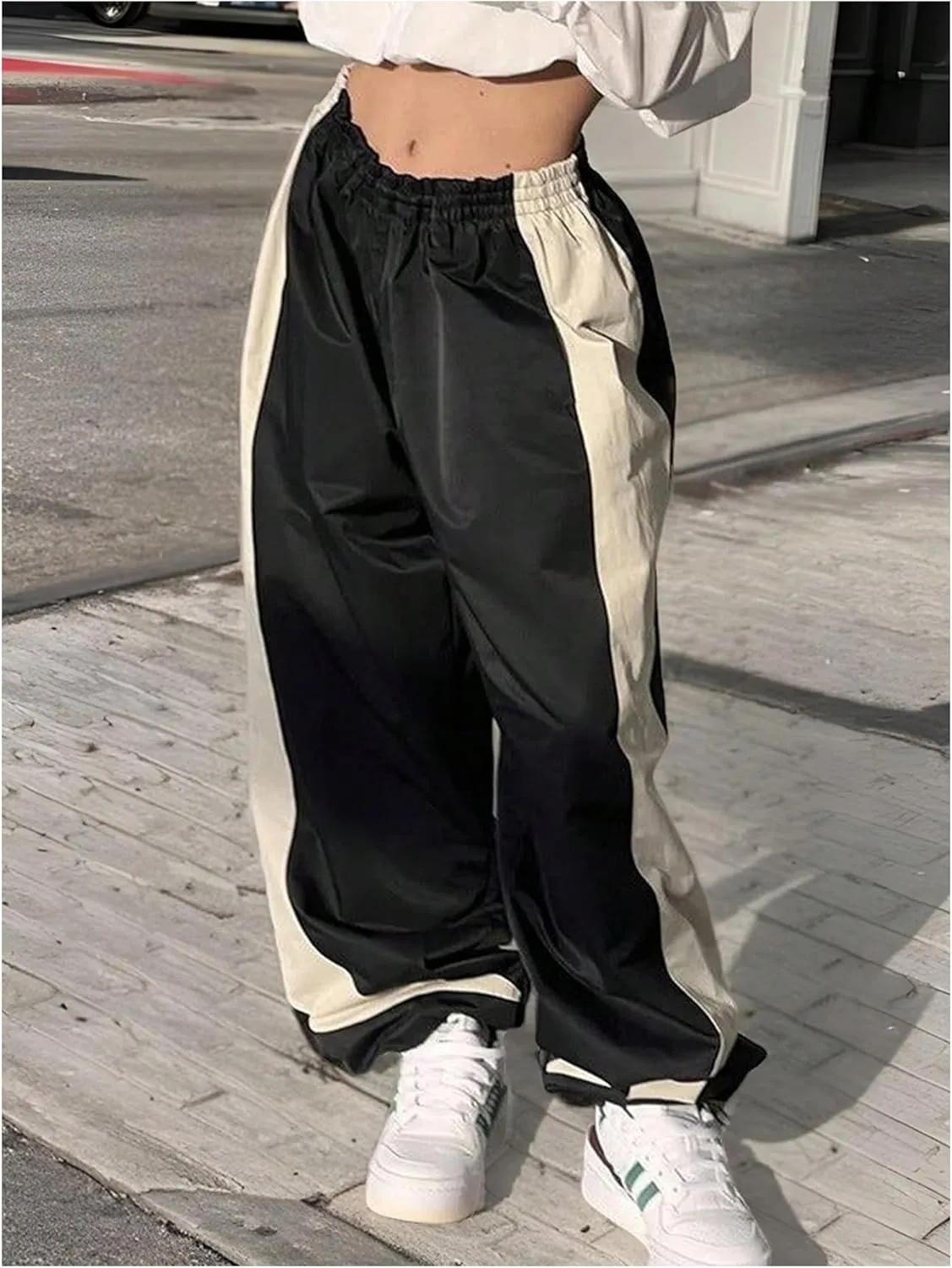 GORGLITTER Women's Color Block Sweatpants Baggy Y2k Elastic Waist Wide Leg Loose Track Pants Joggers Rave Bottoms