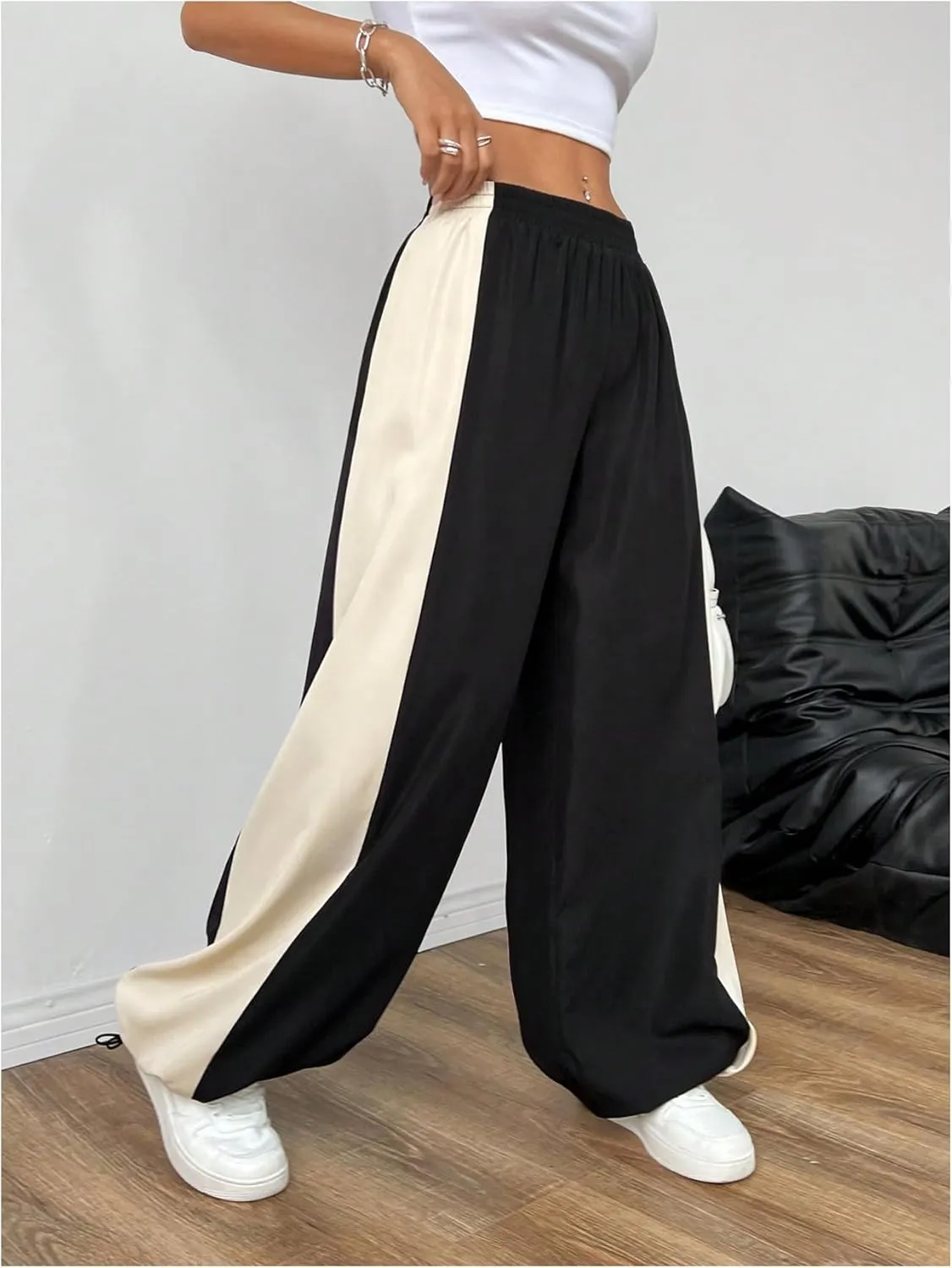 GORGLITTER Women's Color Block Sweatpants Baggy Y2k Elastic Waist Wide Leg Loose Track Pants Joggers Rave Bottoms