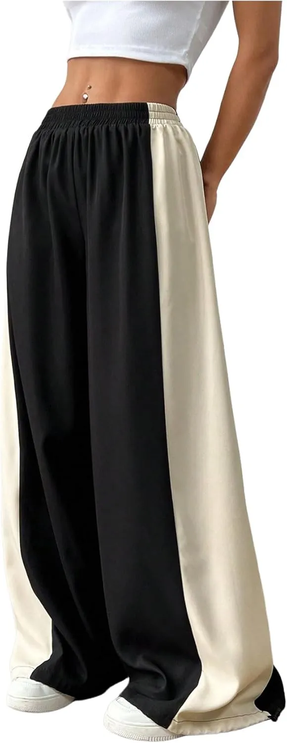 GORGLITTER Women's Color Block Sweatpants Baggy Y2k Elastic Waist Wide Leg Loose Track Pants Joggers Rave Bottoms