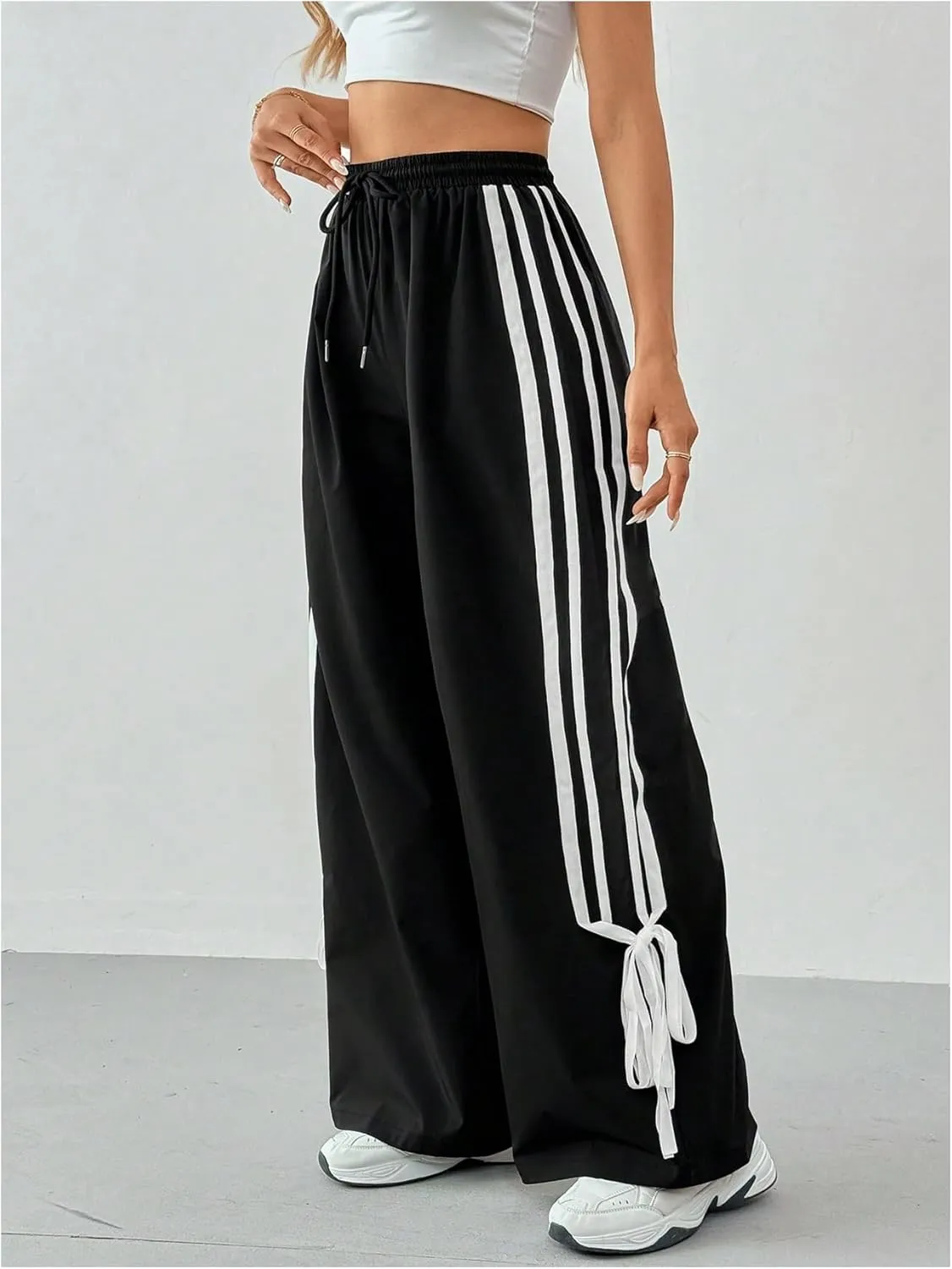 GORGLITTER Women's Striped Wide Leg Track Pants Baggy Drawstring Bow Bell Bottom Parachute Pants