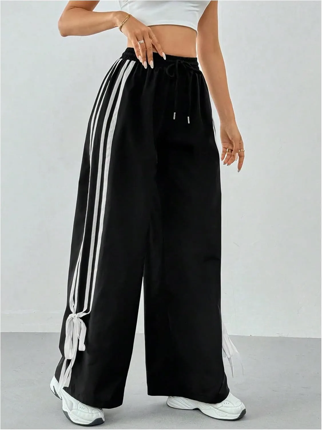 GORGLITTER Women's Striped Wide Leg Track Pants Baggy Drawstring Bow Bell Bottom Parachute Pants