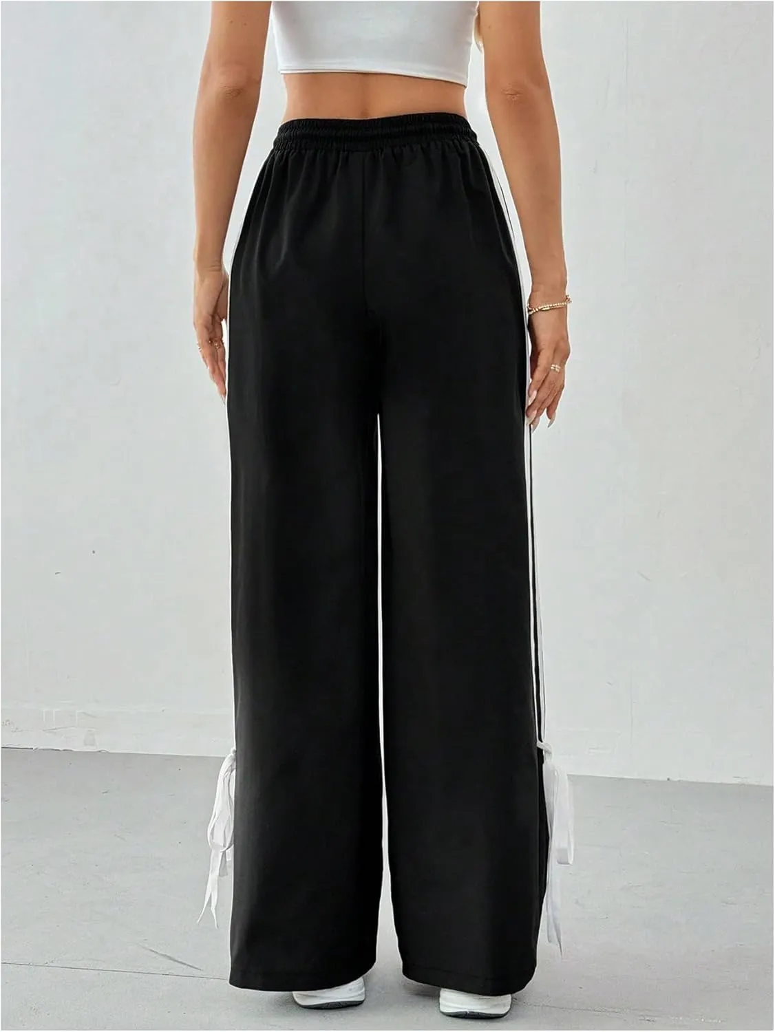 GORGLITTER Women's Striped Wide Leg Track Pants Baggy Drawstring Bow Bell Bottom Parachute Pants