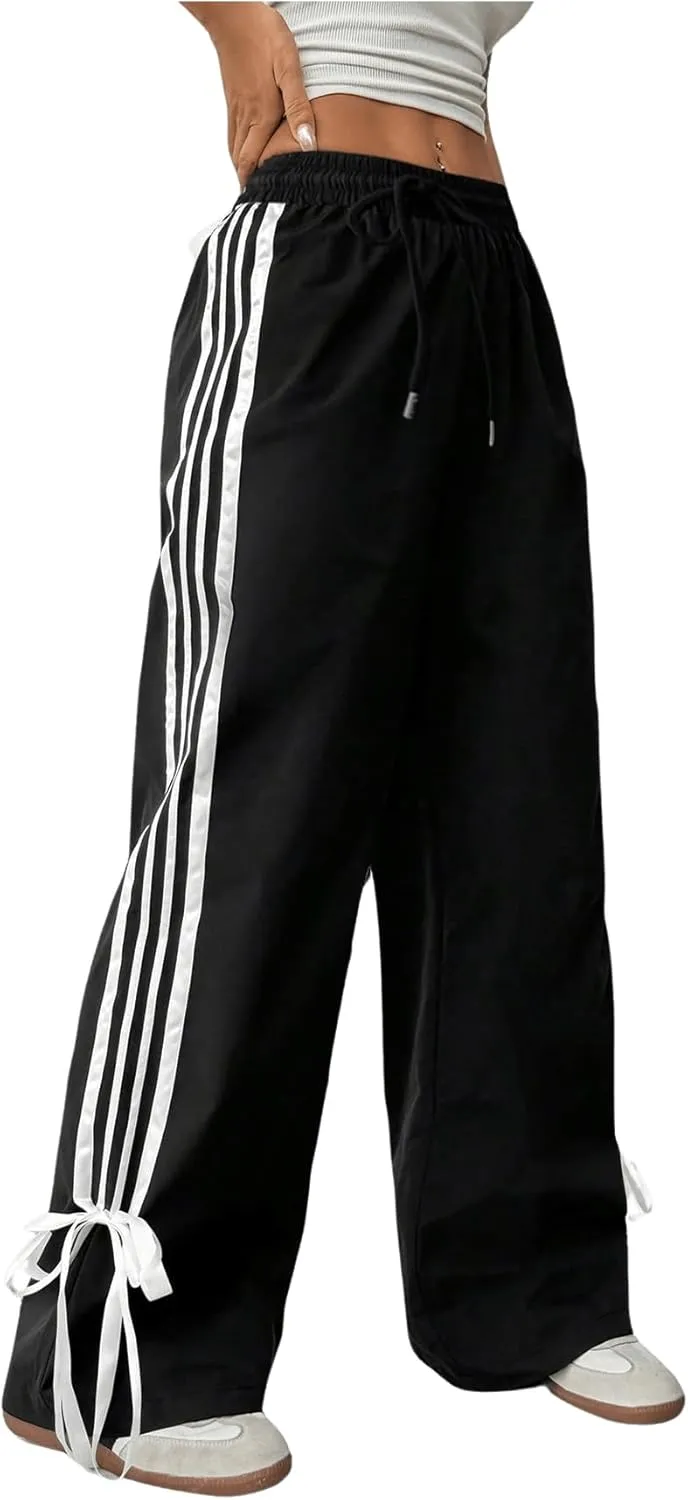 GORGLITTER Women's Striped Wide Leg Track Pants Baggy Drawstring Bow Bell Bottom Parachute Pants