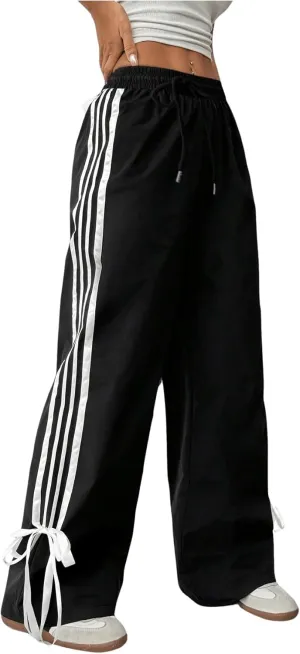 GORGLITTER Women's Striped Wide Leg Track Pants Baggy Drawstring Bow Bell Bottom Parachute Pants