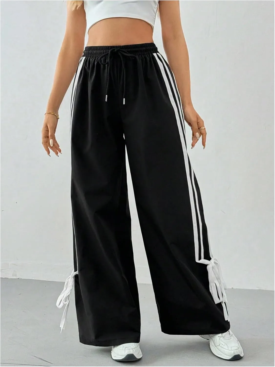 GORGLITTER Women's Striped Wide Leg Track Pants Baggy Drawstring Bow Bell Bottom Parachute Pants