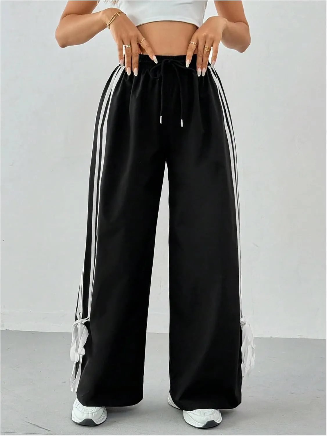 GORGLITTER Women's Striped Wide Leg Track Pants Baggy Drawstring Bow Bell Bottom Parachute Pants