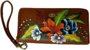 Hand-Painted Floral Leather Wallet with Wristlet, Brown, Zipper Closure