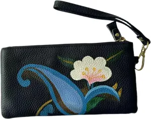 Hand-Painted Floral Wristlet Wallet, Black Leather with Blue Wave and White Flower Design