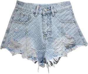 Heavy Embroidery Hot Diamond Denim Shorts for Women Summer High Waist Hottie Ripped Edge Wide Leg Pants
