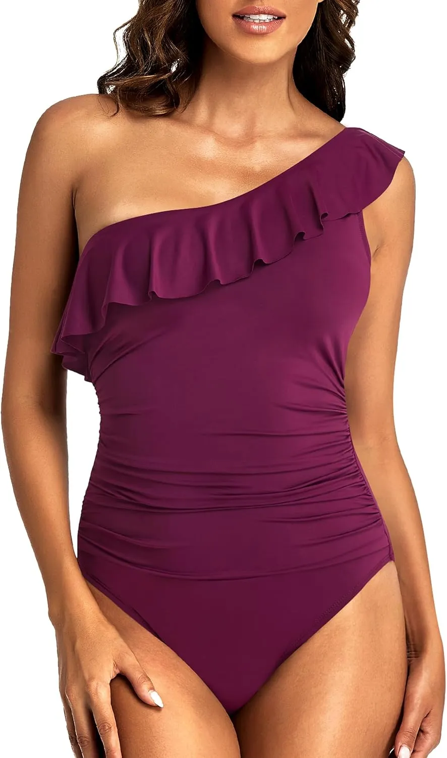 Hilor Women's One Shoulder One Piece Swimsuits Tummy Control Bathing Suits Ruffled Modest Swimwear
