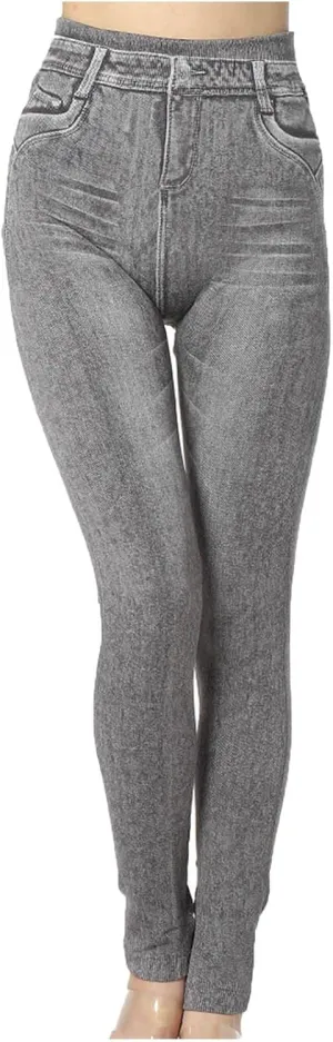 hlysgo Skinny Faux Jeans for Women High Waist Stretchy Slimming Jeggings Denim Print Leggings Trousers Pants