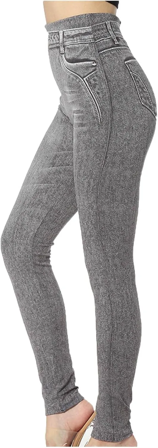 hlysgo Skinny Faux Jeans for Women High Waist Stretchy Slimming Jeggings Denim Print Leggings Trousers Pants