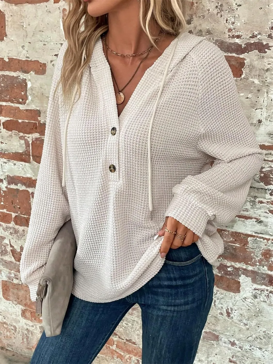 Hoodies for Women Waffle Knit Drawstring Button V Neck Long Sleeve Casual Pullover Oversized Hoodies Sweatshirts