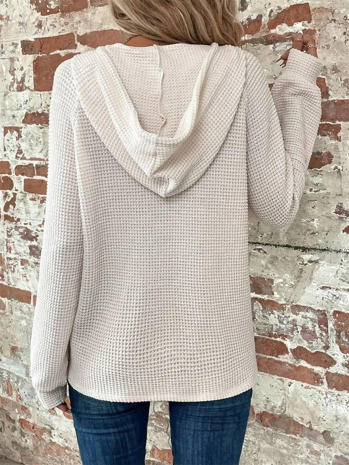 Hoodies for Women Waffle Knit Drawstring Button V Neck Long Sleeve Casual Pullover Oversized Hoodies Sweatshirts