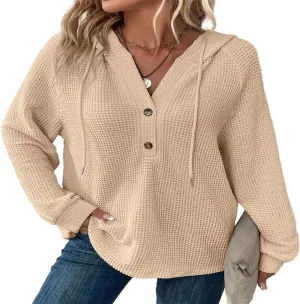 Hoodies for Women Waffle Knit Drawstring Button V Neck Long Sleeve Casual Pullover Oversized Hoodies Sweatshirts