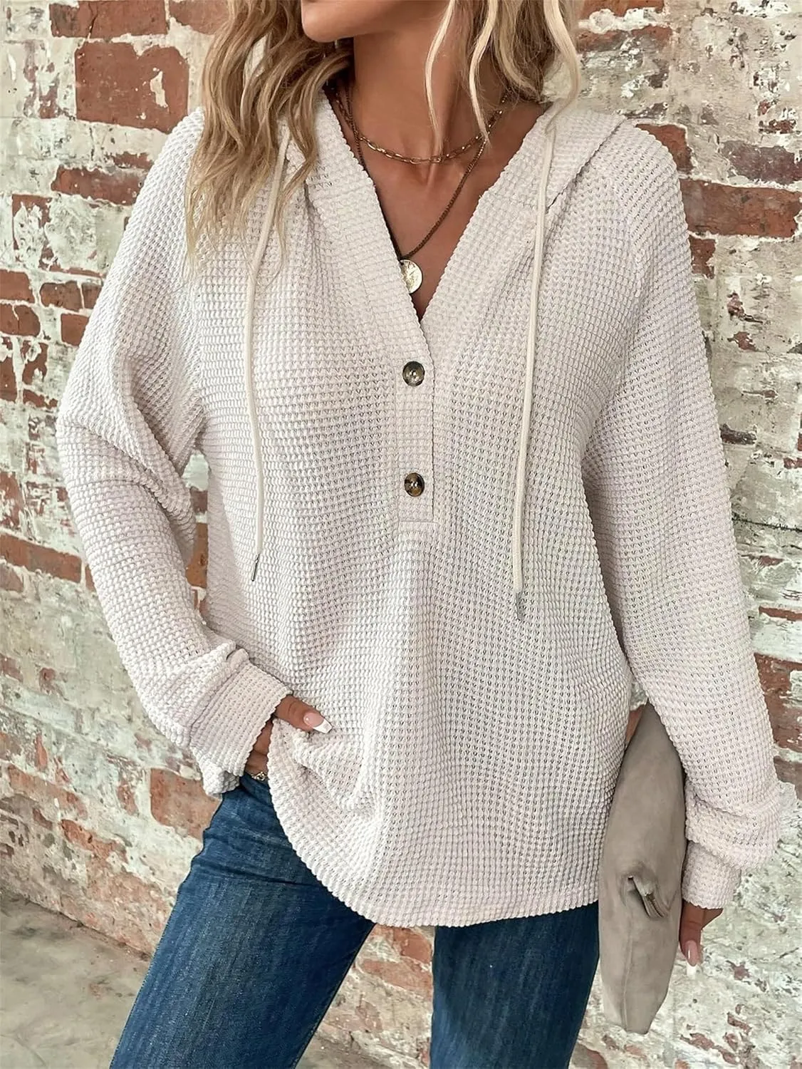 Hoodies for Women Waffle Knit Drawstring Button V Neck Long Sleeve Casual Pullover Oversized Hoodies Sweatshirts